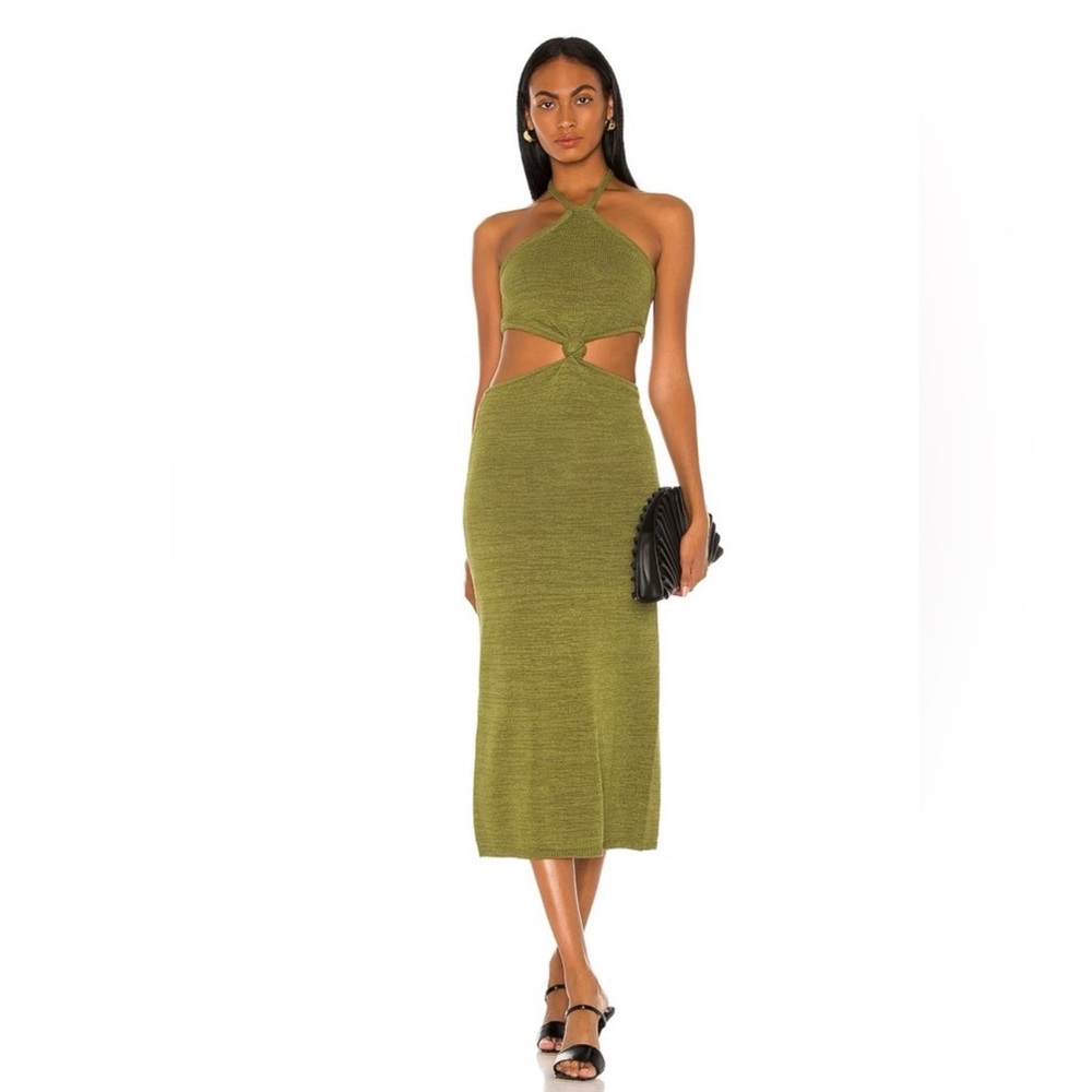 Cult Gaia Olive Green Cameron Knit CutOut Twist Front Midi Dress